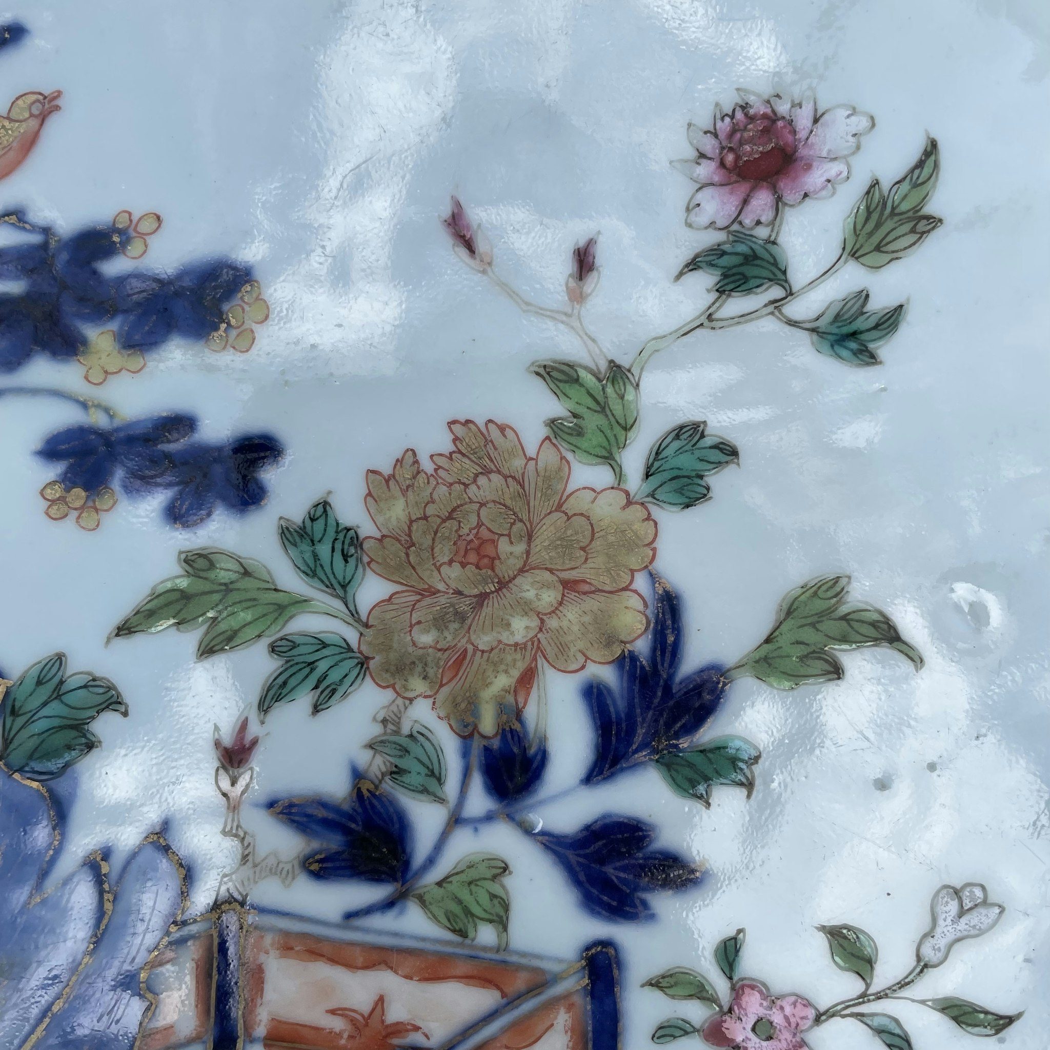 Chinese underglazed blue and white famille rose platter, 18th c Qianlong #1490