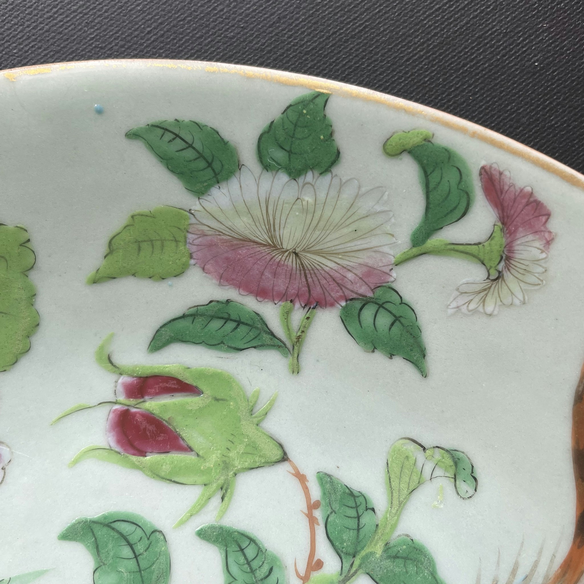 Chinese antique celadon canton butterfly plate, 19th c #1570