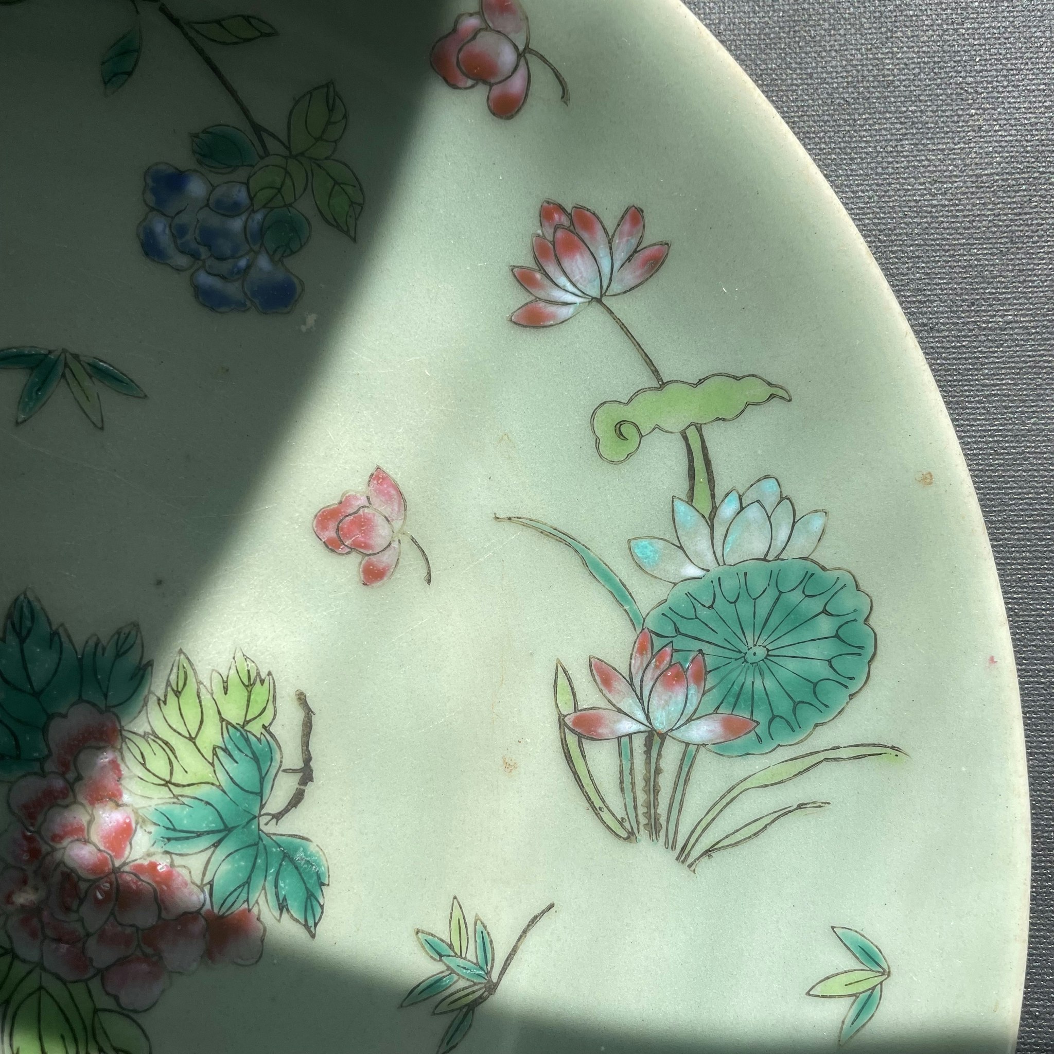 Chinese antique celadon canton butterfly plate, 19th c #1571