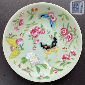 Chinese antique celadon canton butterfly plate, 19th c #1551