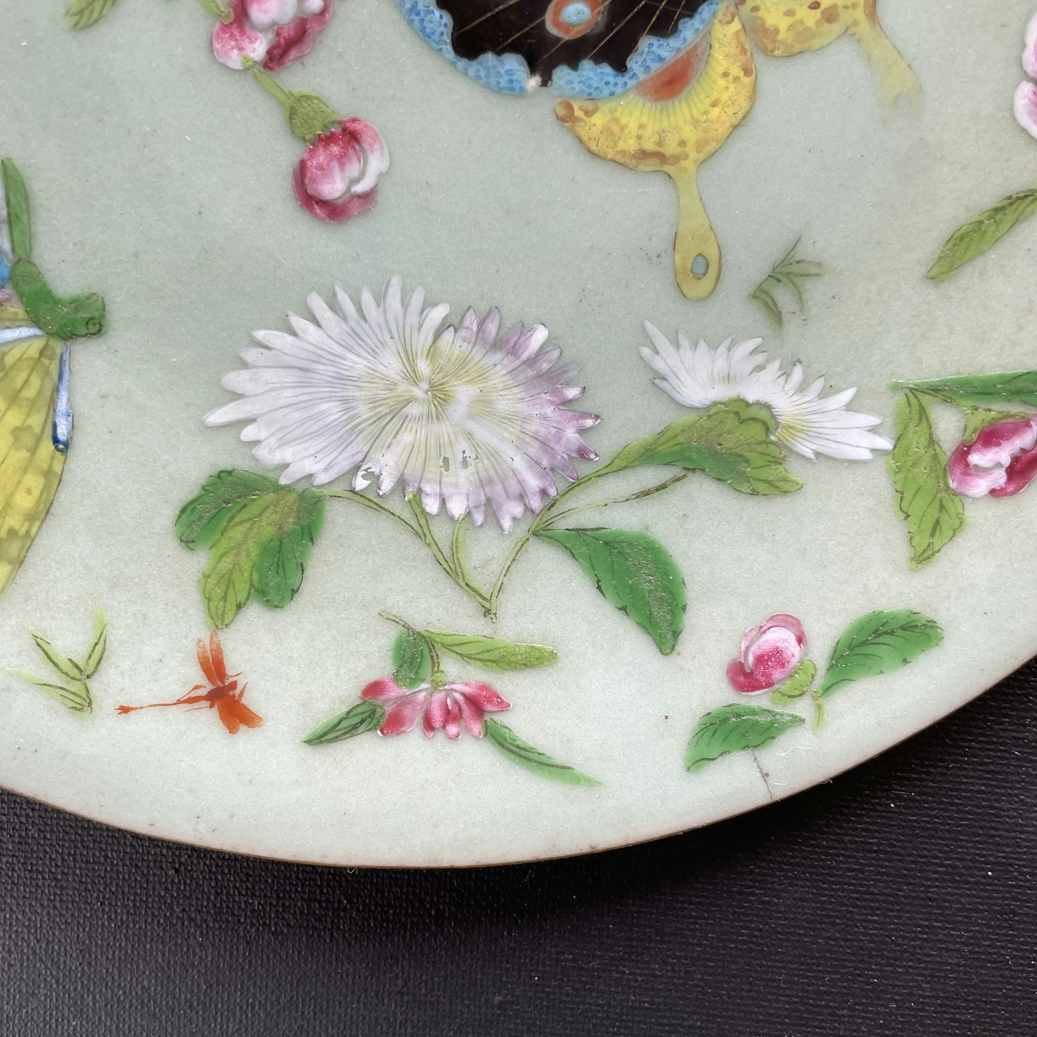 Chinese antique celadon canton butterfly plate, 19th c #1551