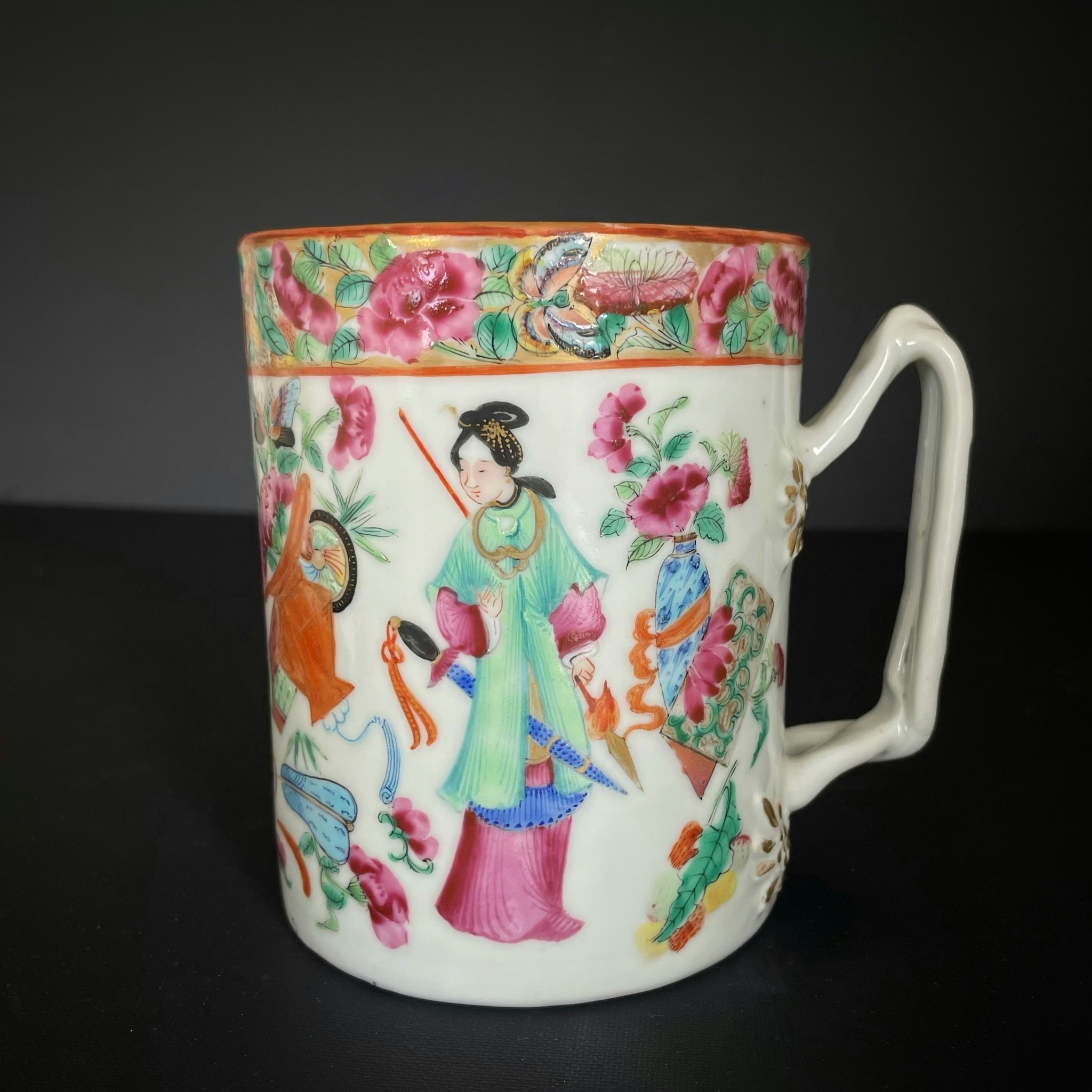 Chinese antique rose mandarin tankard cup, Qing Dynasty Mid 19th c #1579