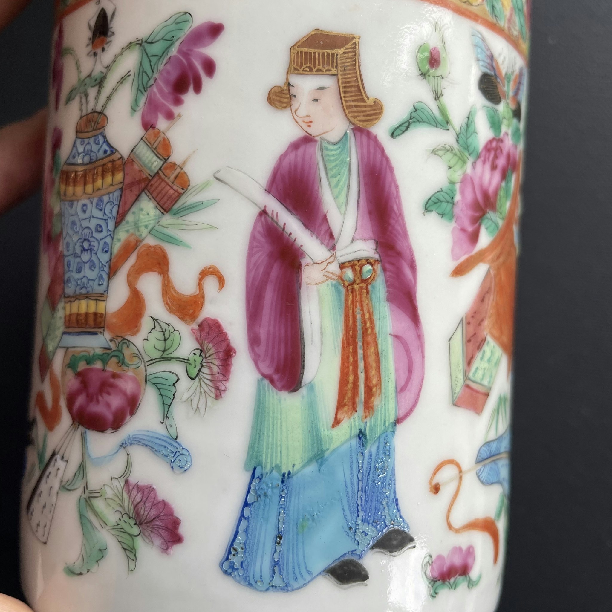 Chinese antique rose mandarin tankard cup, Qing Dynasty Mid 19th c #1579