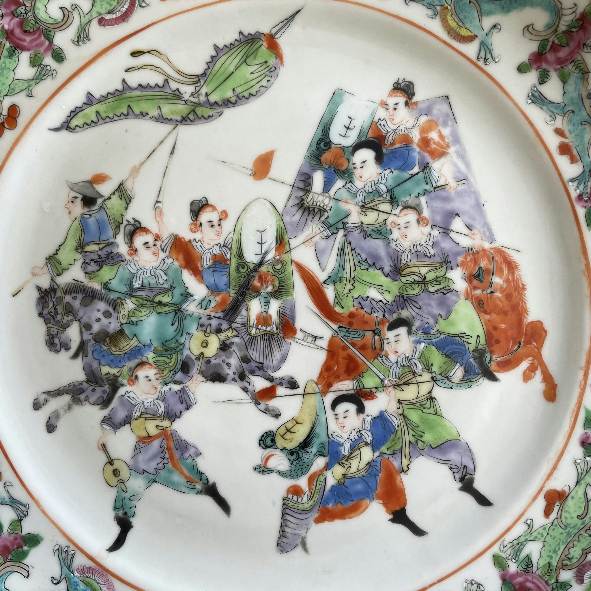 Chinese antique plate with warriors and horses, mid 19th c #1592