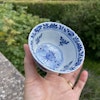 Chinese antique teacup and saucer decorated in underglazed blue with fishes and crabs, Kangxi Revival #1593