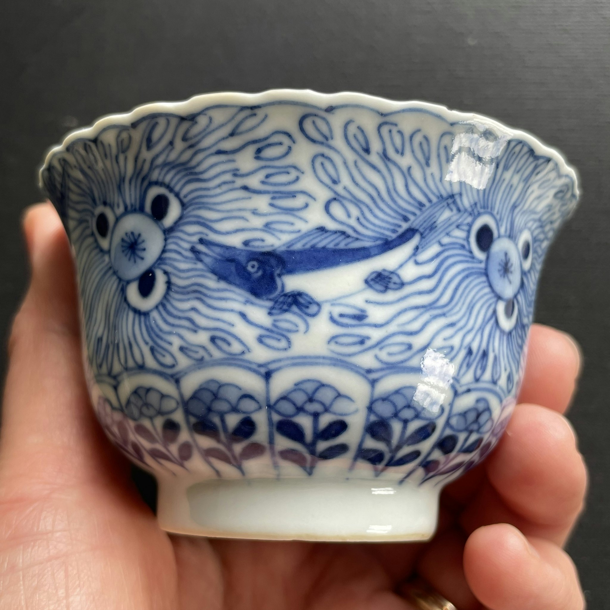 Chinese antique teacup and saucer decorated in underglazed blue with fishes and crabs, Kangxi Revival #1593