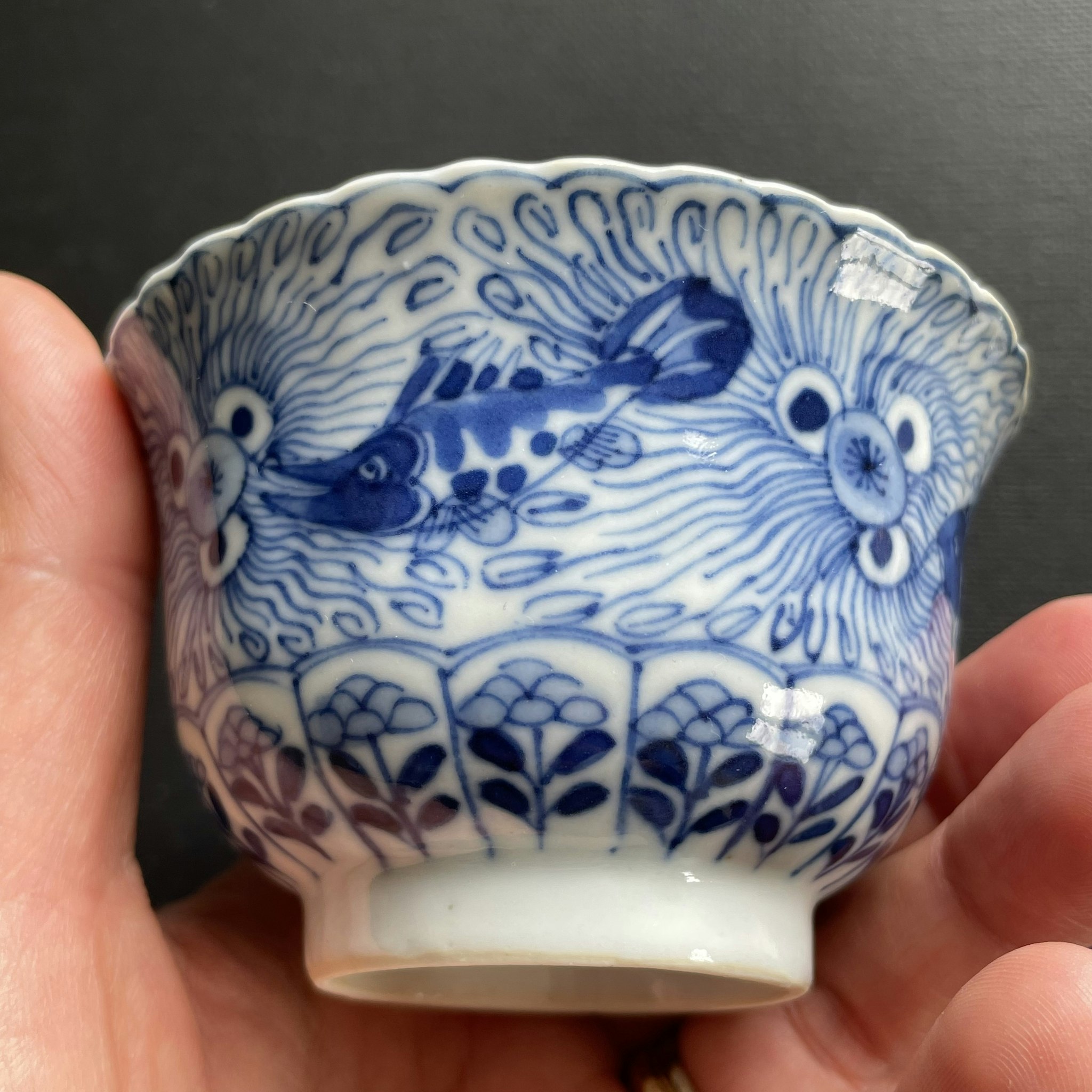 Chinese antique teacup and saucer decorated in underglazed blue with fishes and crabs, Kangxi Revival #1593