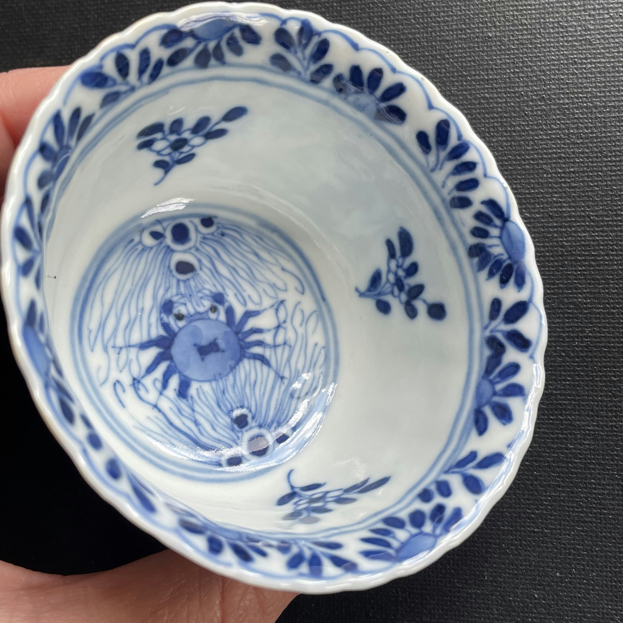 Chinese antique teacup and saucer decorated in underglazed blue with fishes and crabs, Kangxi Revival #1593