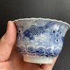 Chinese antique teacup and saucer decorated in underglazed blue with fishes and crabs, Kangxi Revival #1595