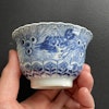 Chinese antique teacup and saucer decorated in underglazed blue with fishes and crabs, Kangxi Revival #1595