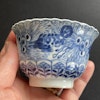 Chinese antique teacup and saucer decorated in underglazed blue with fishes and crabs, Kangxi Revival #1595