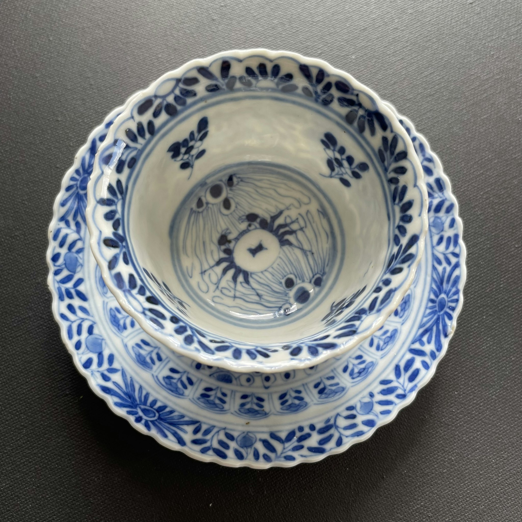 Chinese antique teacup and saucer decorated in underglazed blue with fishes and crabs, Kangxi Revival #1595