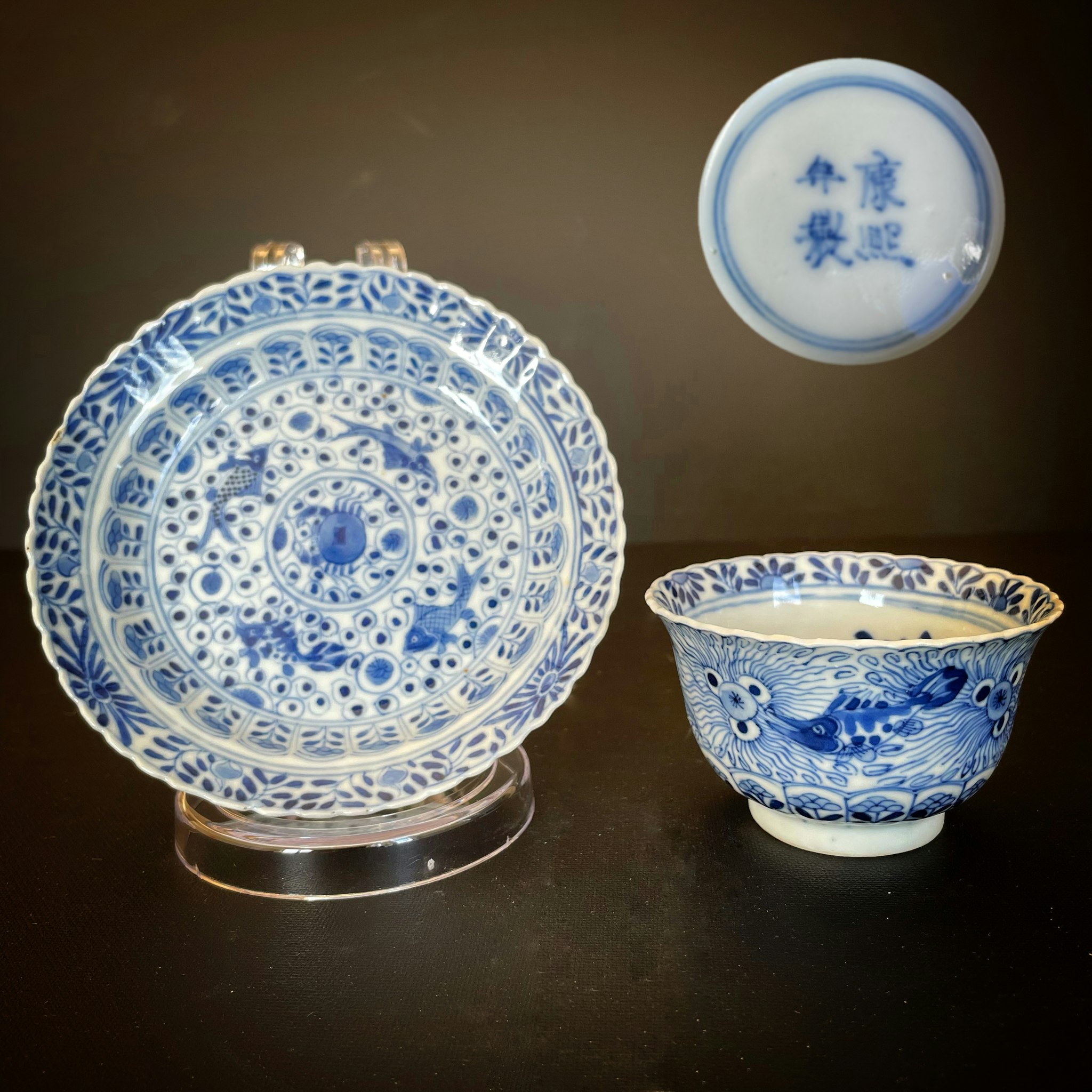 Chinese antique teacup and saucer decorated in underglazed blue with fishes and crabs, Kangxi Revival #1593