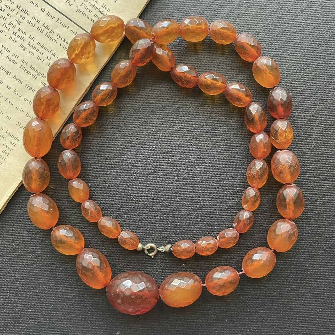 ANTIQUE NATURAL AMBER FACETED BEAD NECKLACE 62g FROM DENMARK 1950's