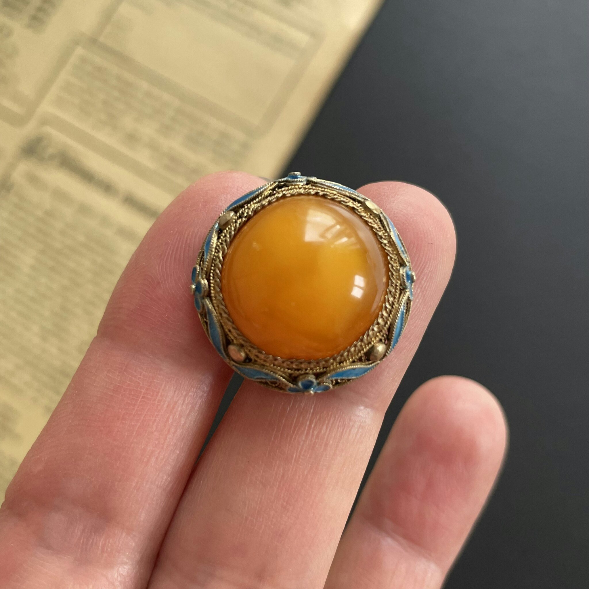 Chinese Antique filigree gilded sterling silver earrings natural amber egg yolk