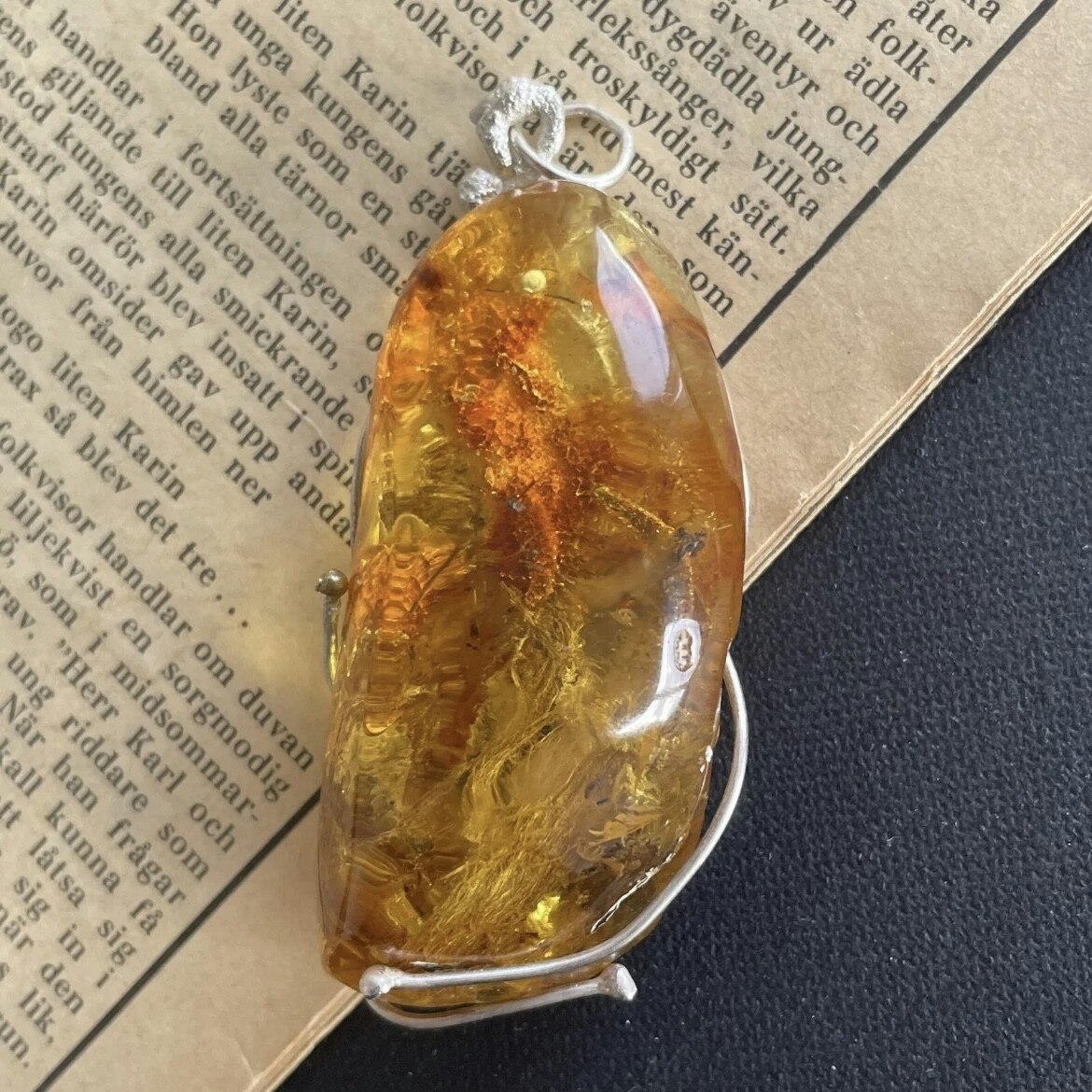 Natural amber pendant with silver unique design fascinating inclusion 21g