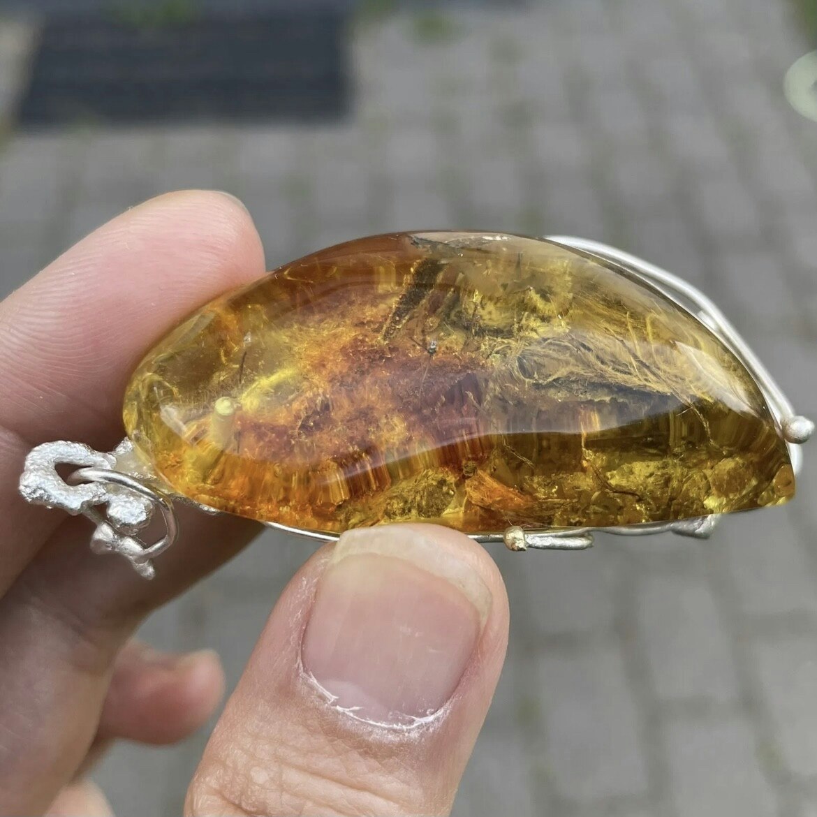 Natural amber pendant with silver unique design fascinating inclusion 21g