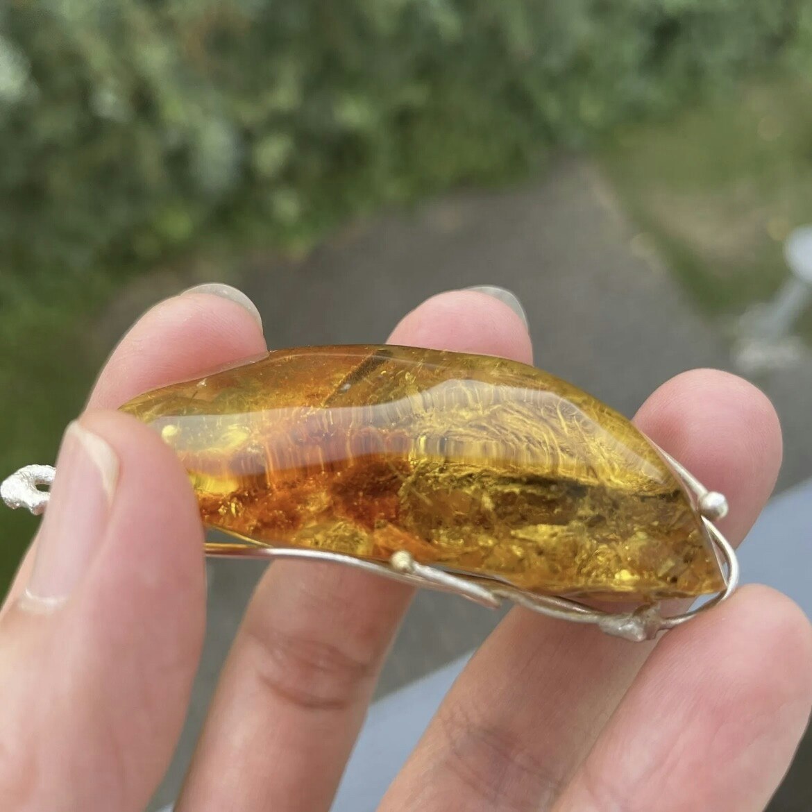 Natural amber pendant with silver unique design fascinating inclusion 21g