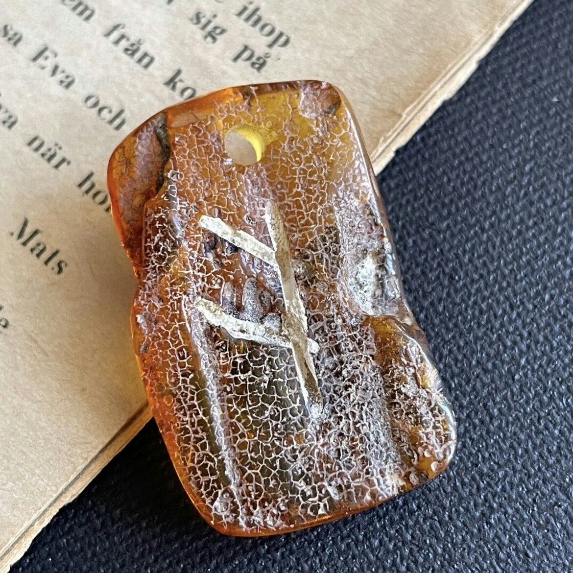 Unique Viking Runes natural amber pendant Danish design hand carved Alphabet F
