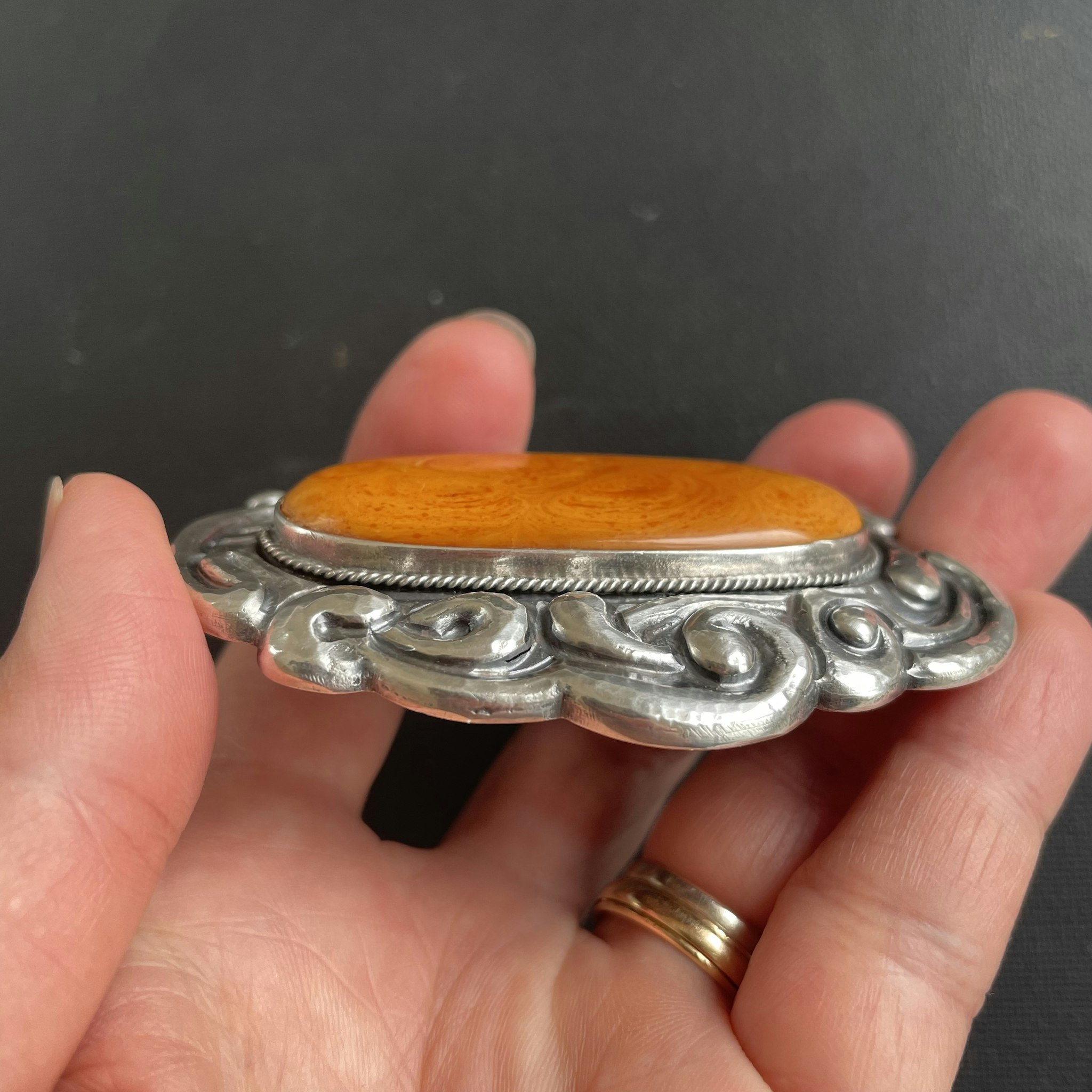 Antique Silver Brooch With Amber From Denmark 1893-1936 Art Nouveau 33g Big