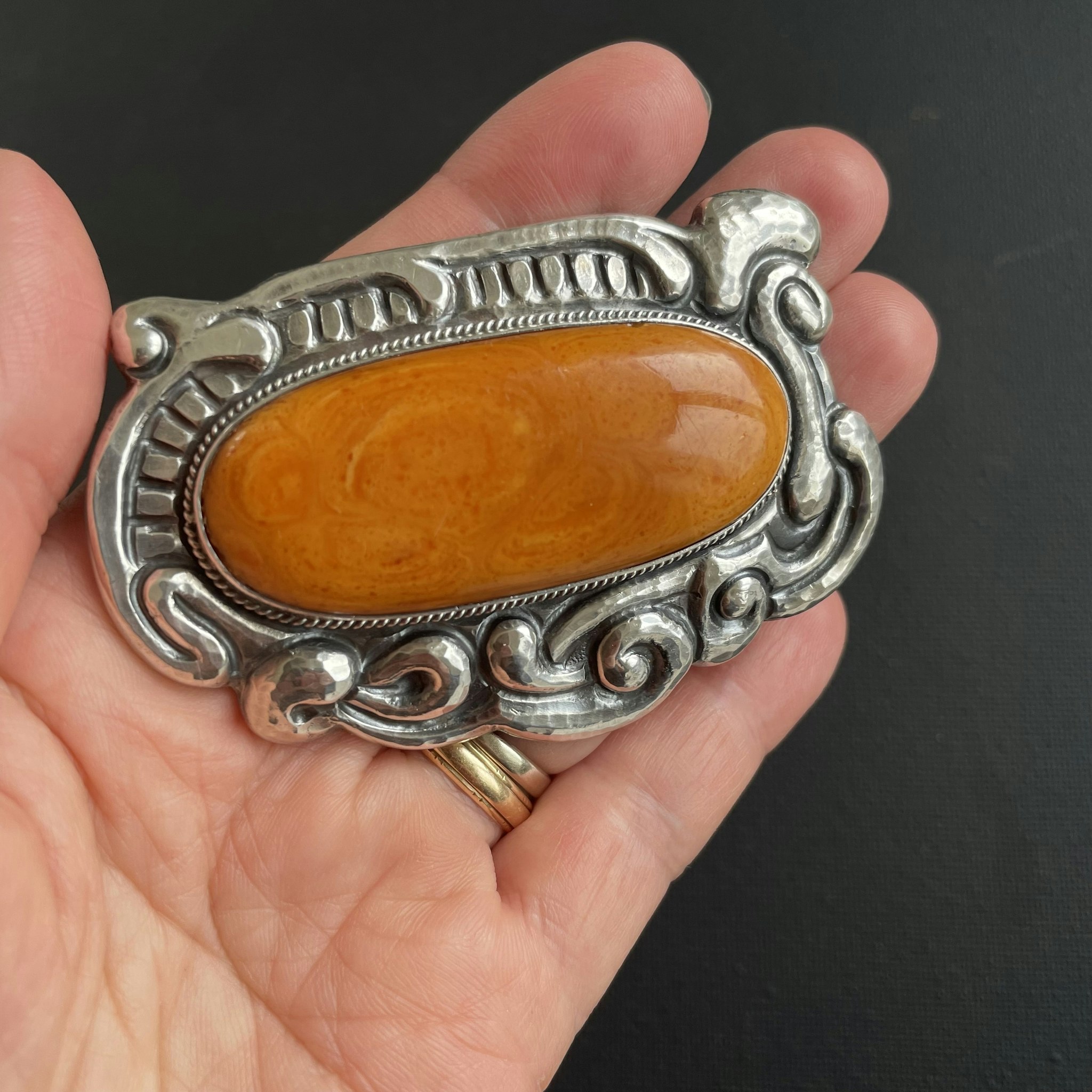 Antique Silver Brooch With Amber From Denmark 1893-1936 Art Nouveau 33g Big