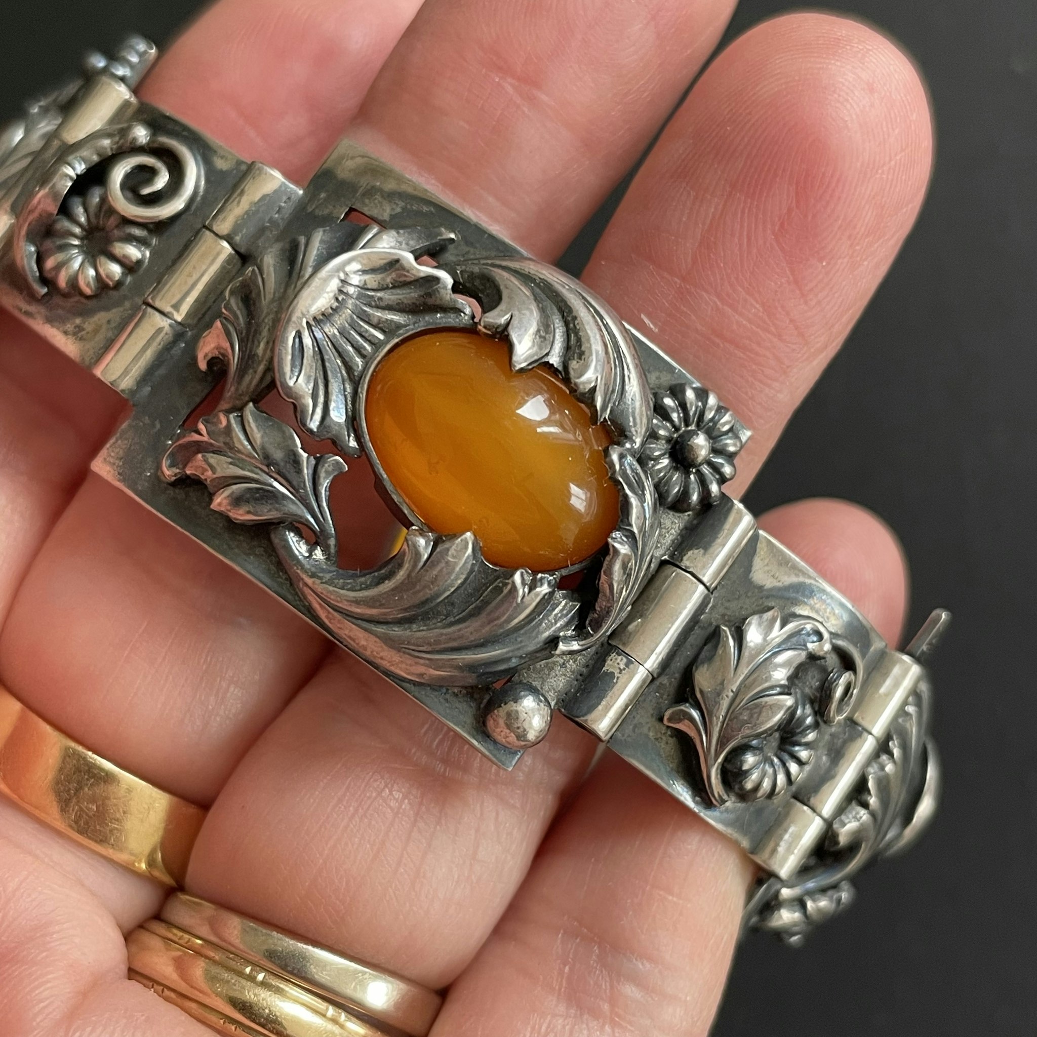 Natural Amber Antique bracelet bangle brooch sterling silver danish design 60g