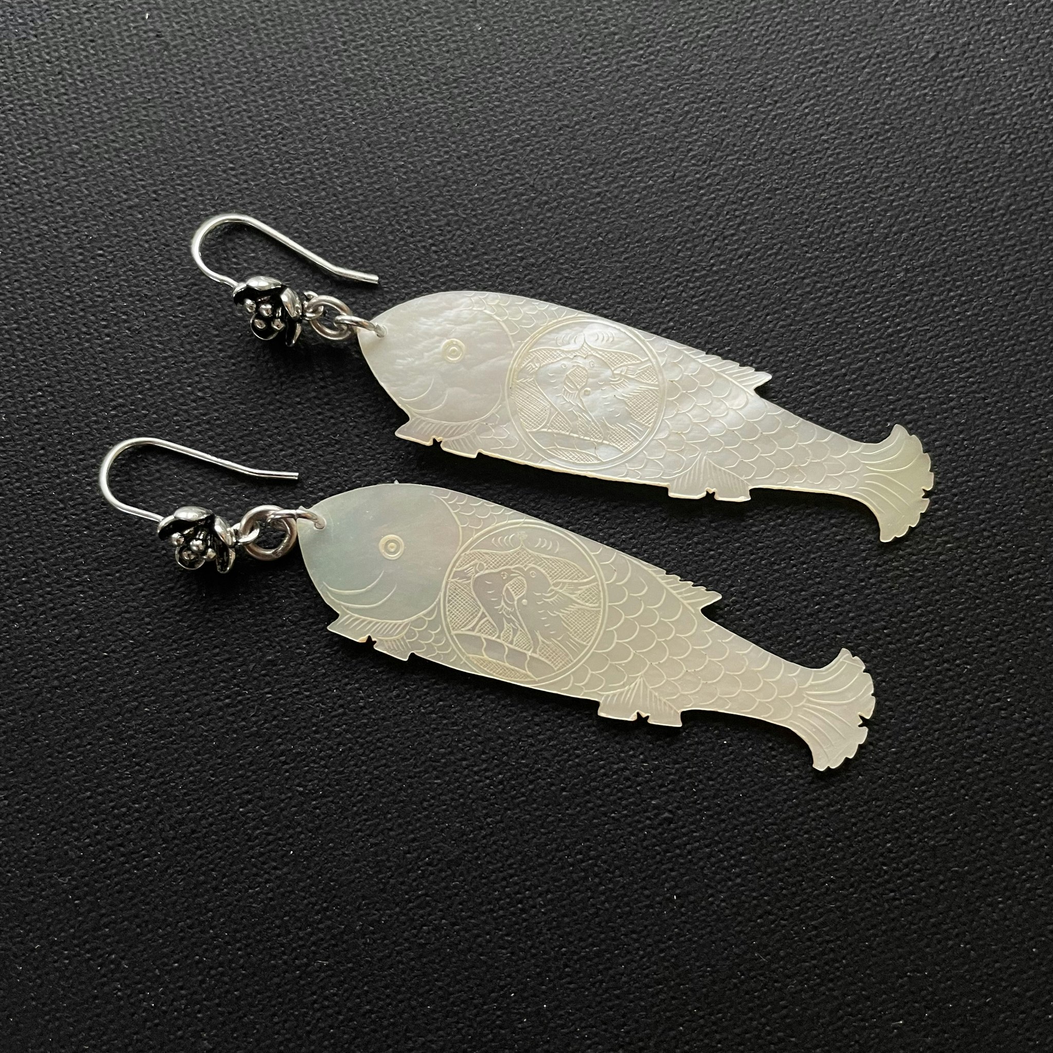 Unique design earrings with antique Chinese mother of pearl gaming counters chips tokens #1661