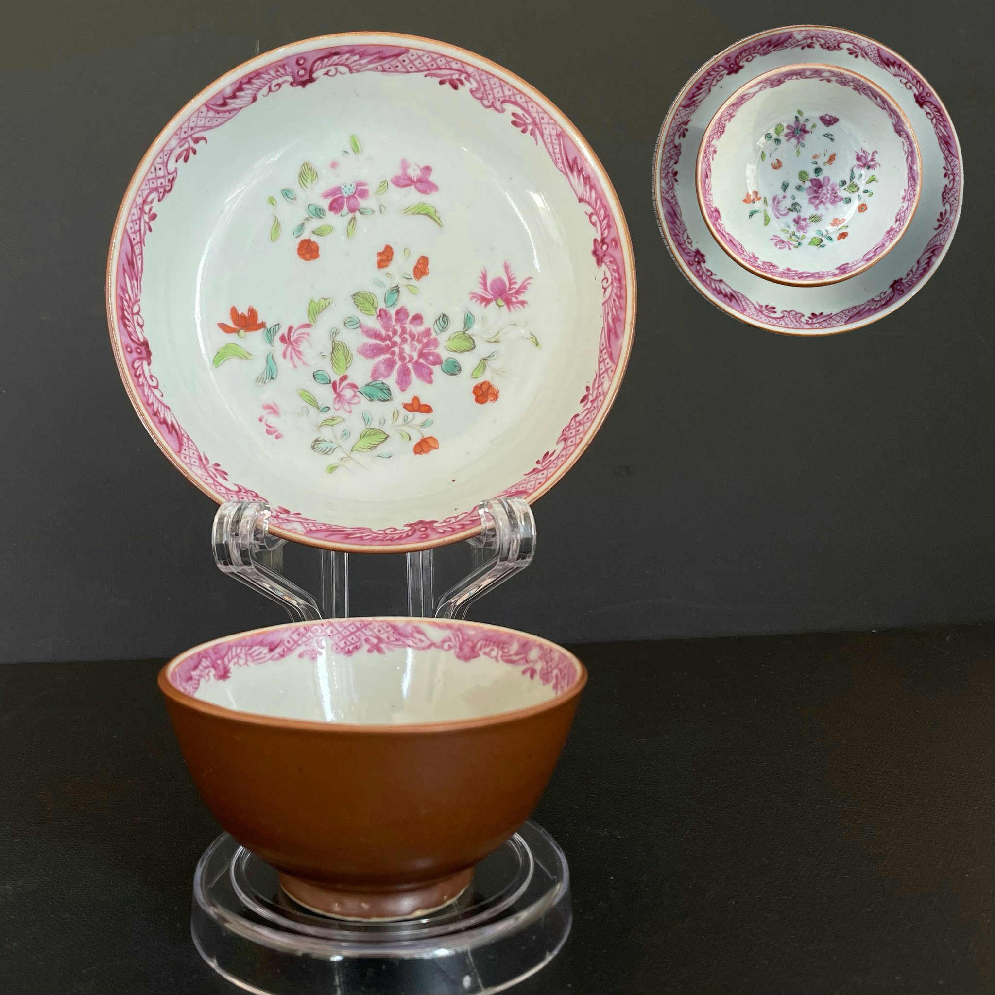 Chinese Antique Porcelain teacup + saucer, Batavia Brown, Famille Rose 18c #1667