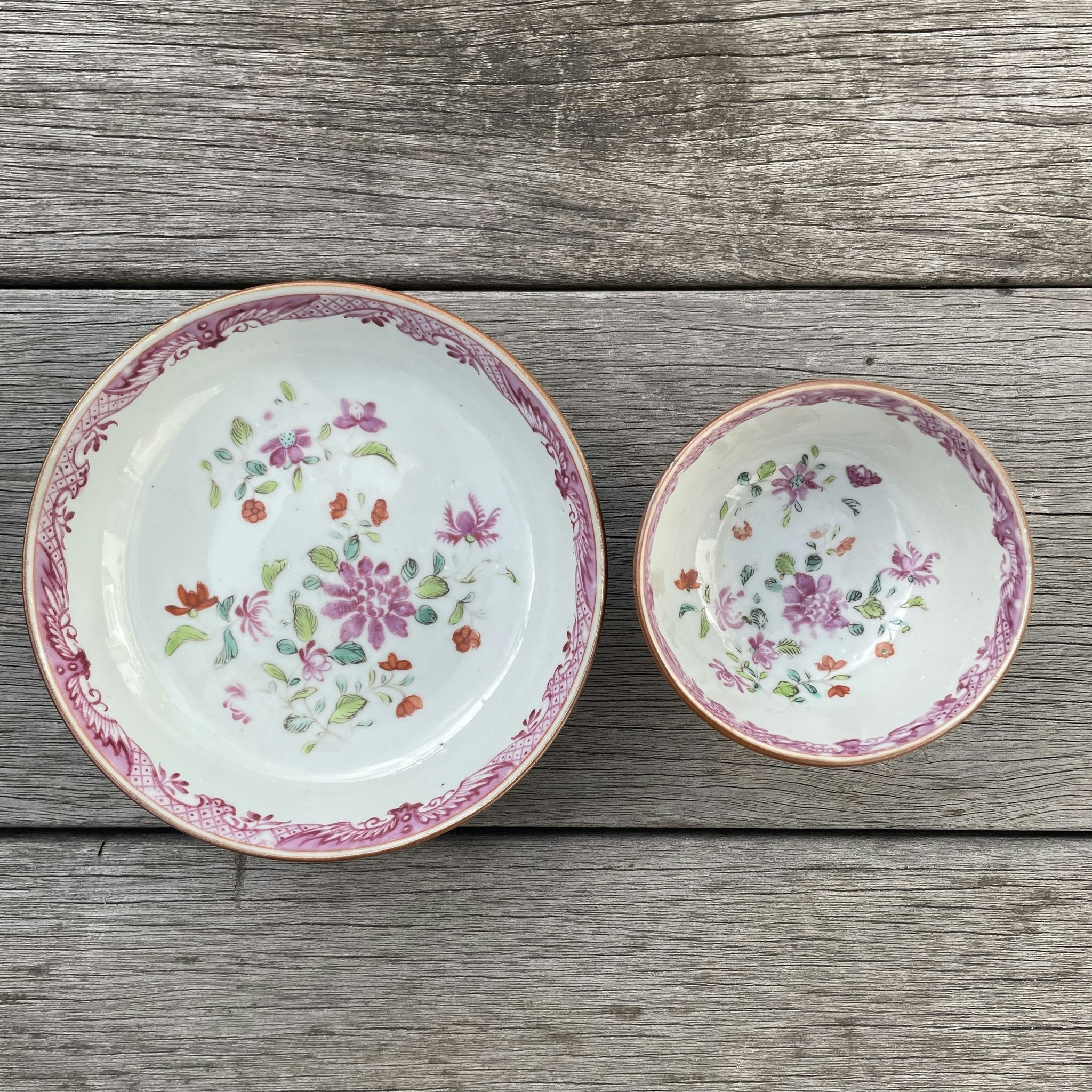Chinese Antique Porcelain teacup + saucer, Batavia Brown, Famille Rose 18c #1667