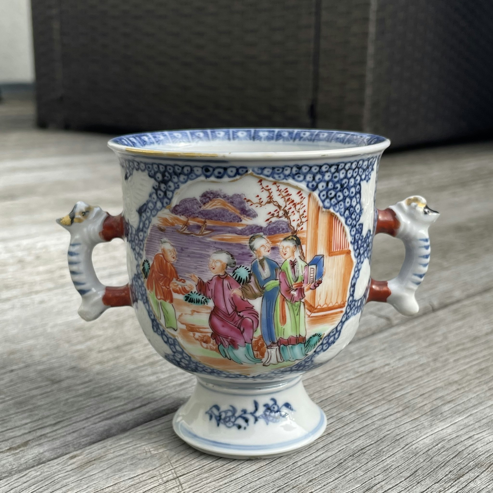 Chinese Antique Rose Mandarin Cup With Double Handles , Rare! 18c #1669