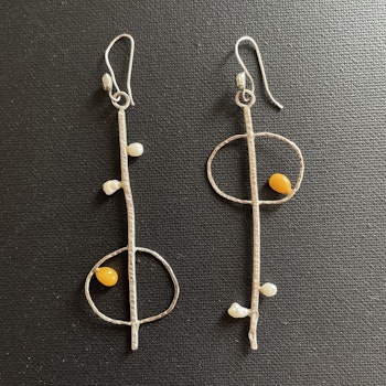 Unique design handmade sterling silver earrings with pearls and amber #1680