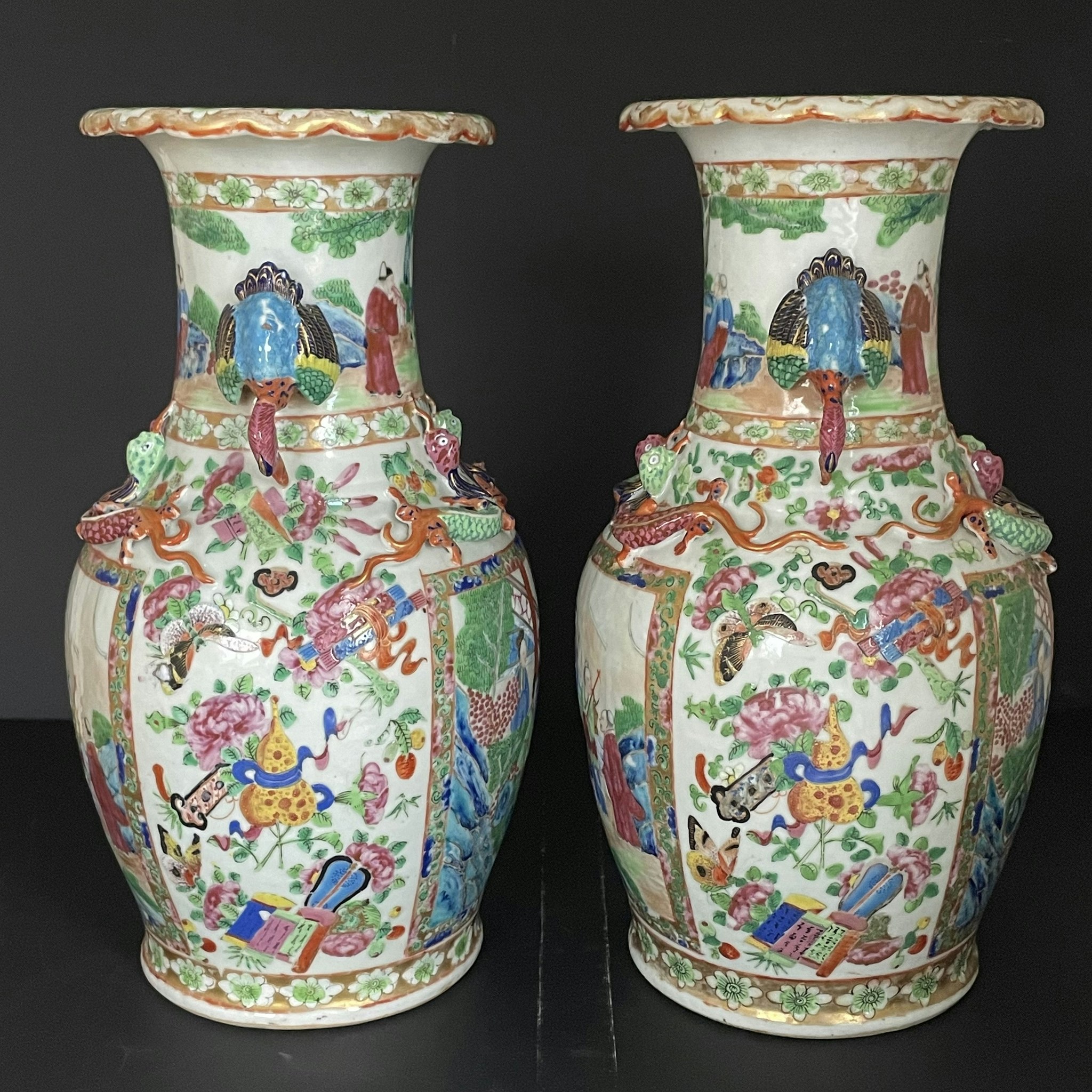 A Pair Of Chinese Antique Rose Mandarin Vases,  19th c #1701, 1702