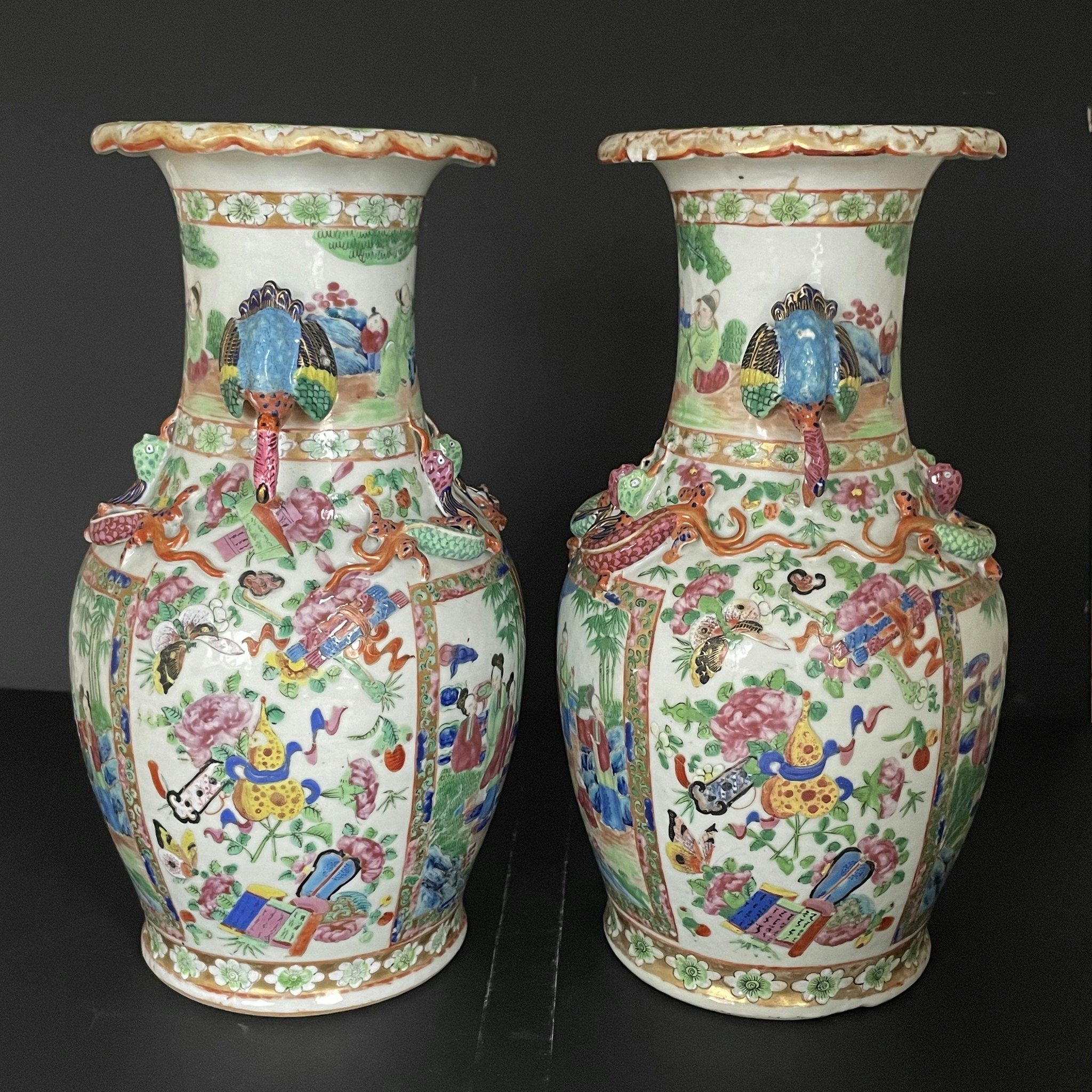 A Pair Of Chinese Antique Rose Mandarin Vases,  19th c #1701, 1702