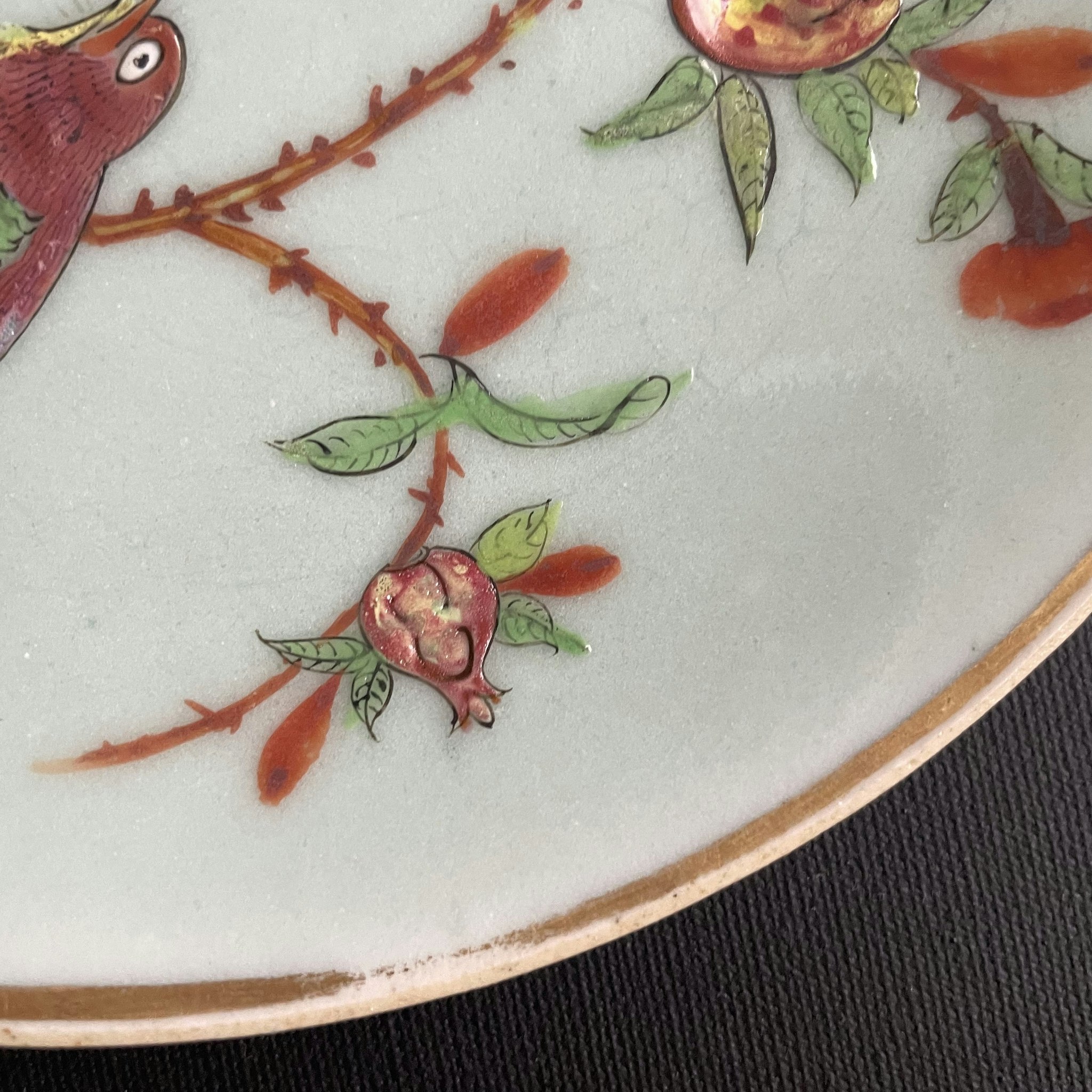 Chinese antique celadon canton butterfly and bird plate, 19th c #1707