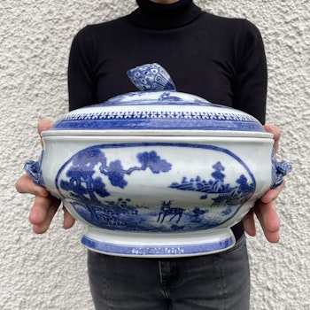 Chinese antique underglazed blue and white Tureen, Deer, Qianlong Period 鹿 岁寒三友 #1710