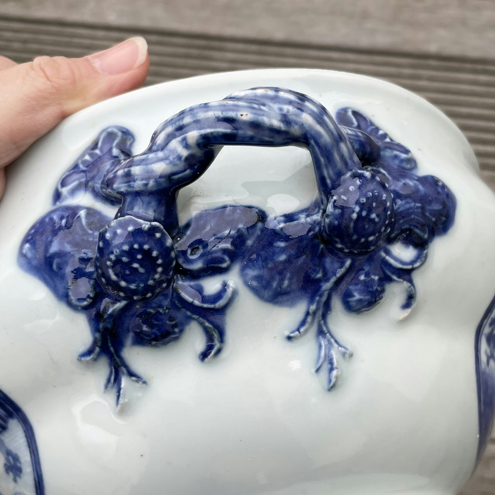 Chinese antique underglazed blue and white Tureen, Deer, Qianlong Period 鹿 岁寒三友 #1710