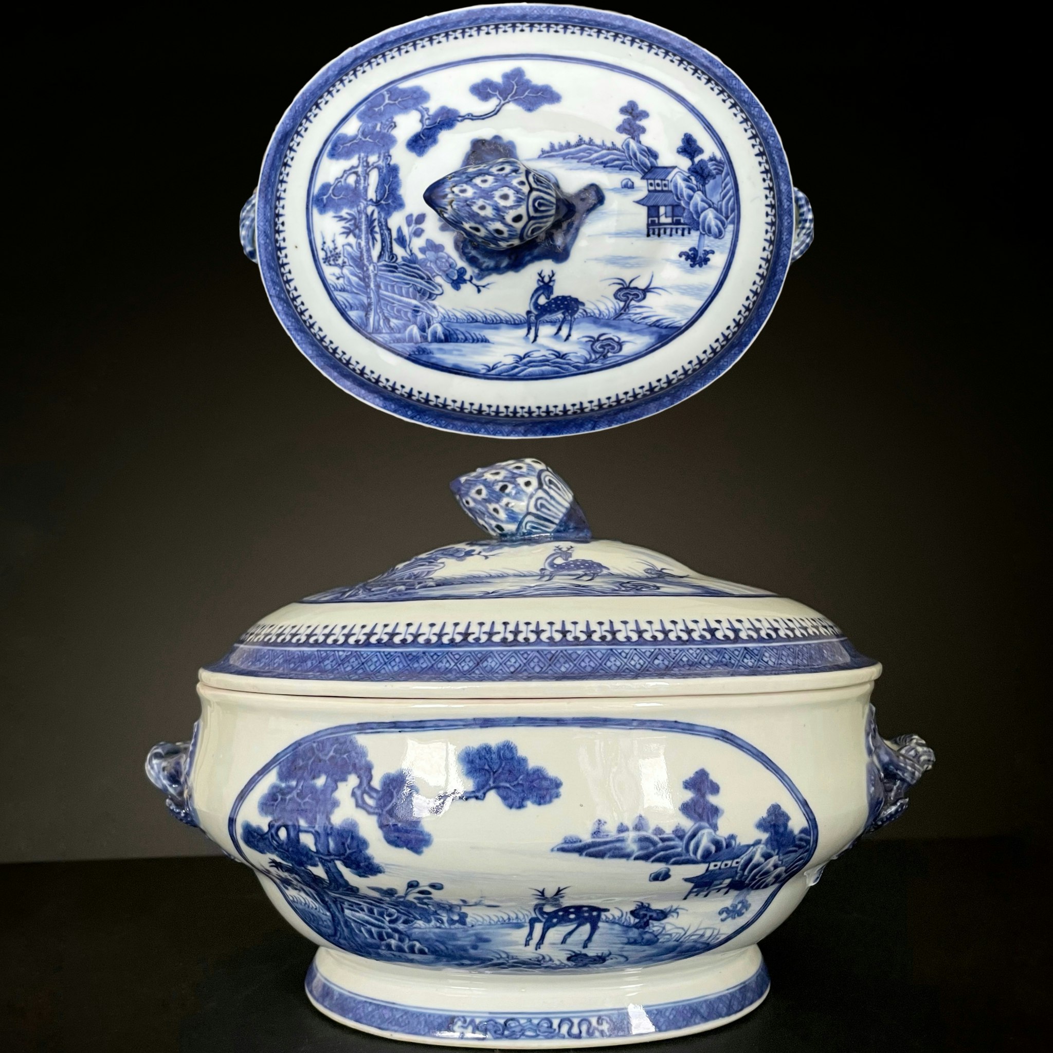 Chinese antique underglazed blue and white Tureen, Deer, Qianlong Period 鹿 岁寒三友 #1710