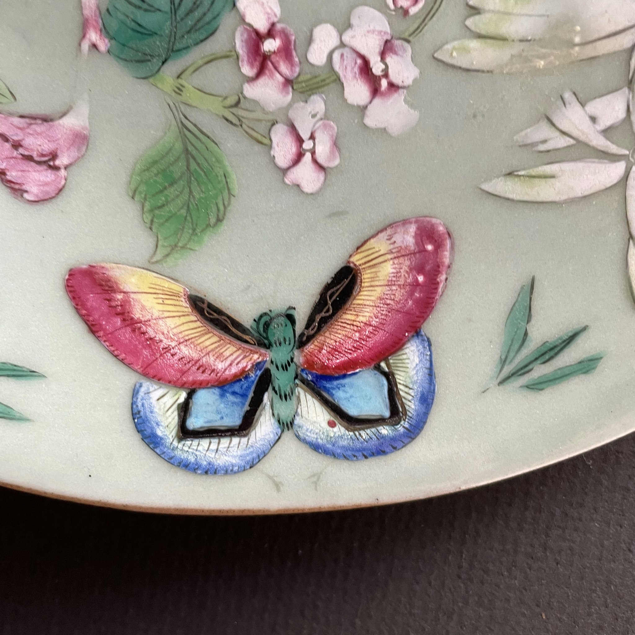Chinese antique celadon canton butterfly plate, 19th c #1729