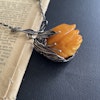 Natural amber pendant with silver egg yolk hand carved flower 37g #1758