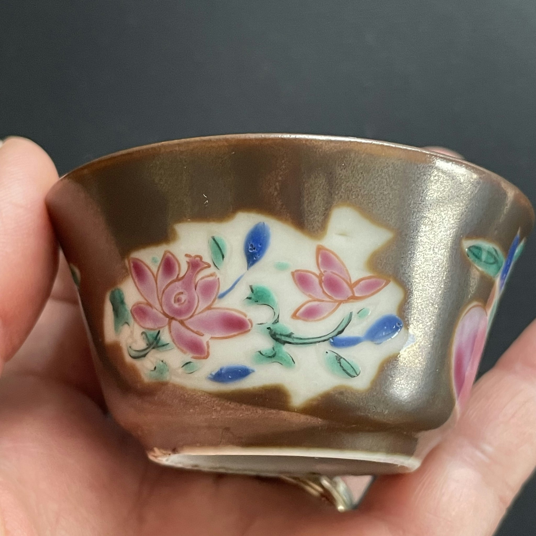 Chinese Antique Porcelain teacup + saucer, Batavia Brown, Yongzheng, 18c #1772