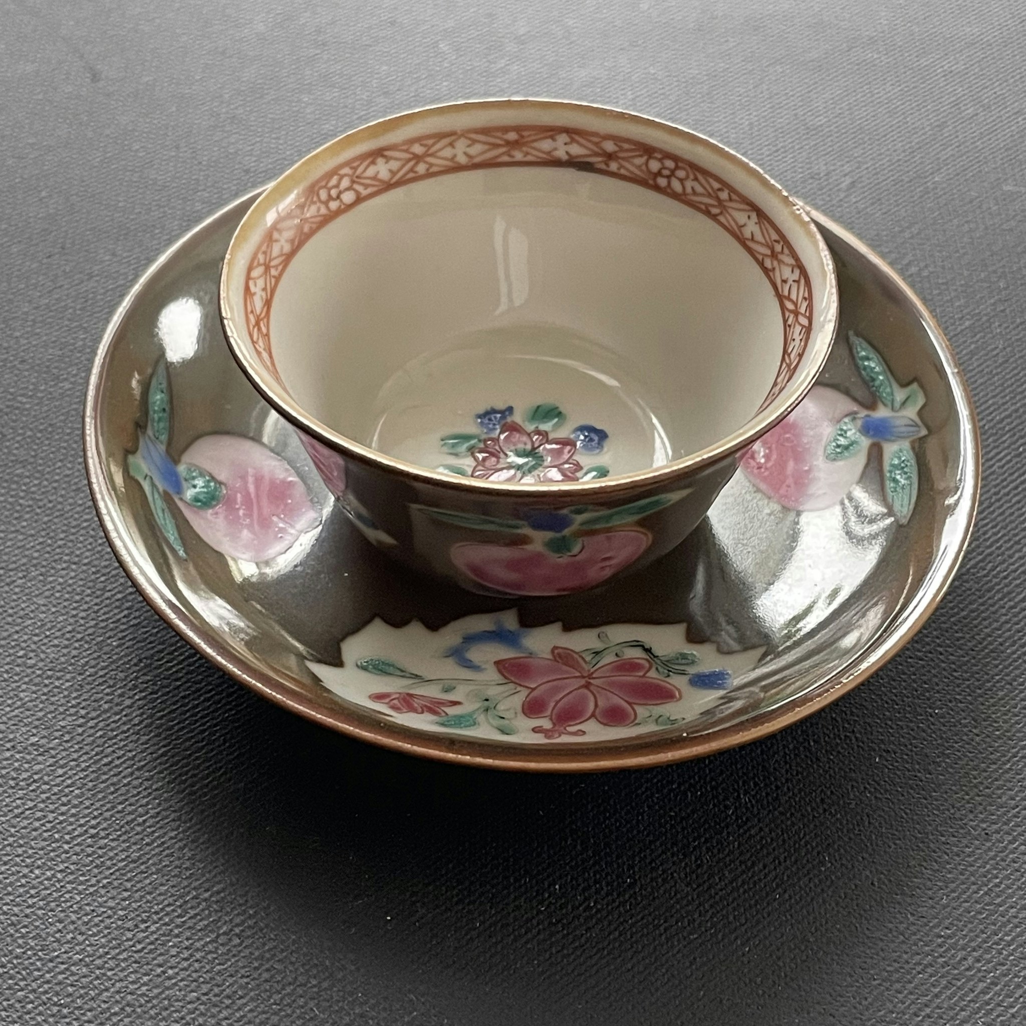 Chinese Antique Porcelain teacup + saucer, Batavia Brown, Yongzheng, 18c #1772