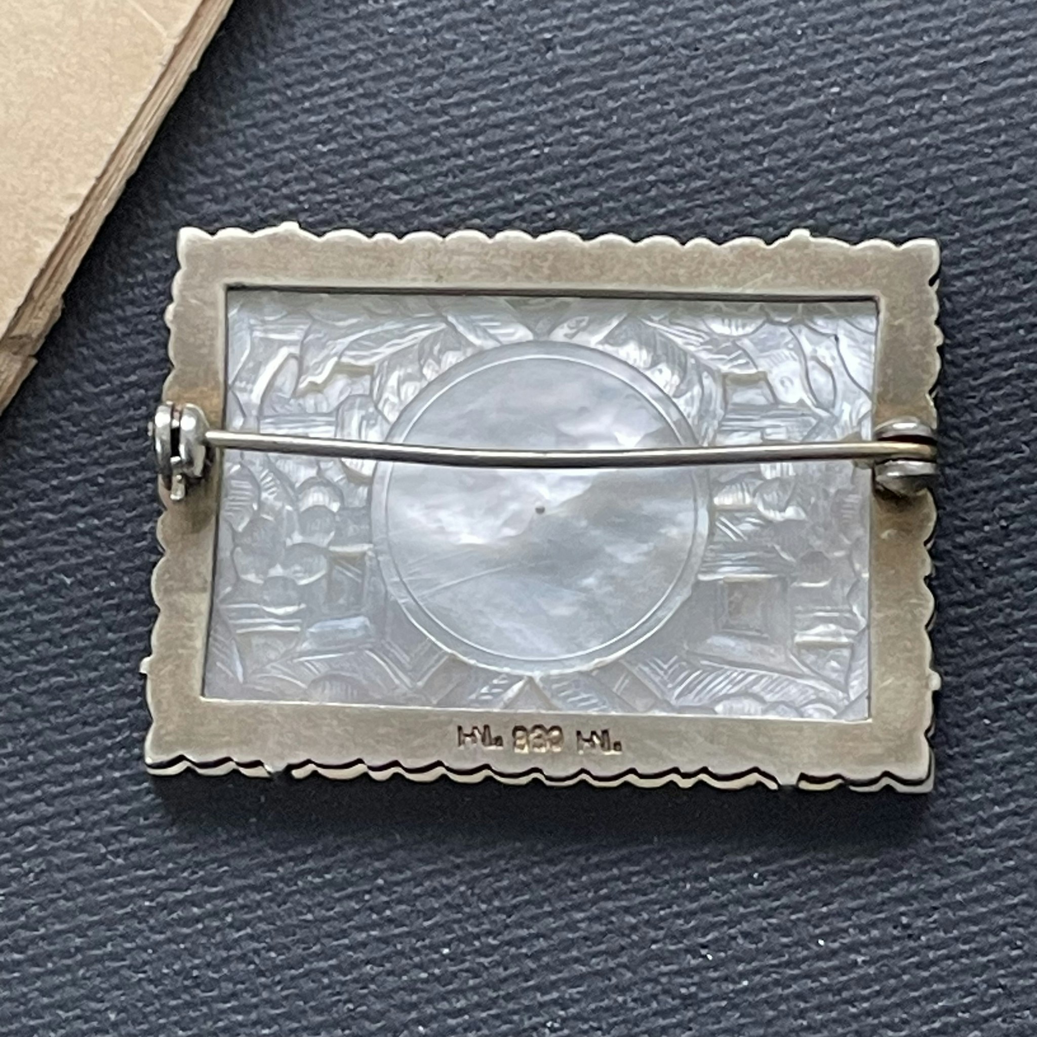 Unique silver brooch Chinese antique hand carved mother of pearl gaming token