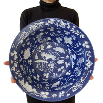 Chinese Antique powder blue, slip decorated porcelain basin & handwash, #1836