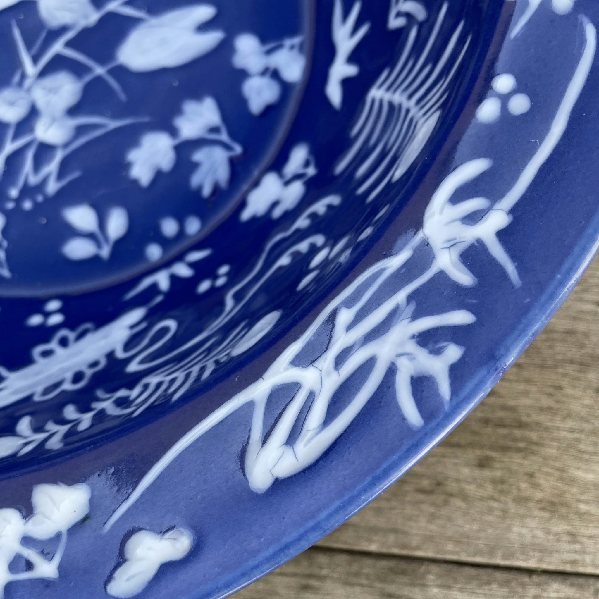 Chinese Antique powder blue, slip decorated porcelain basin & handwash, #1836