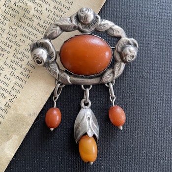 Natural Amber Antique Brooch Silver From 1920s Baltic Amber Art Nouveau 14.6g