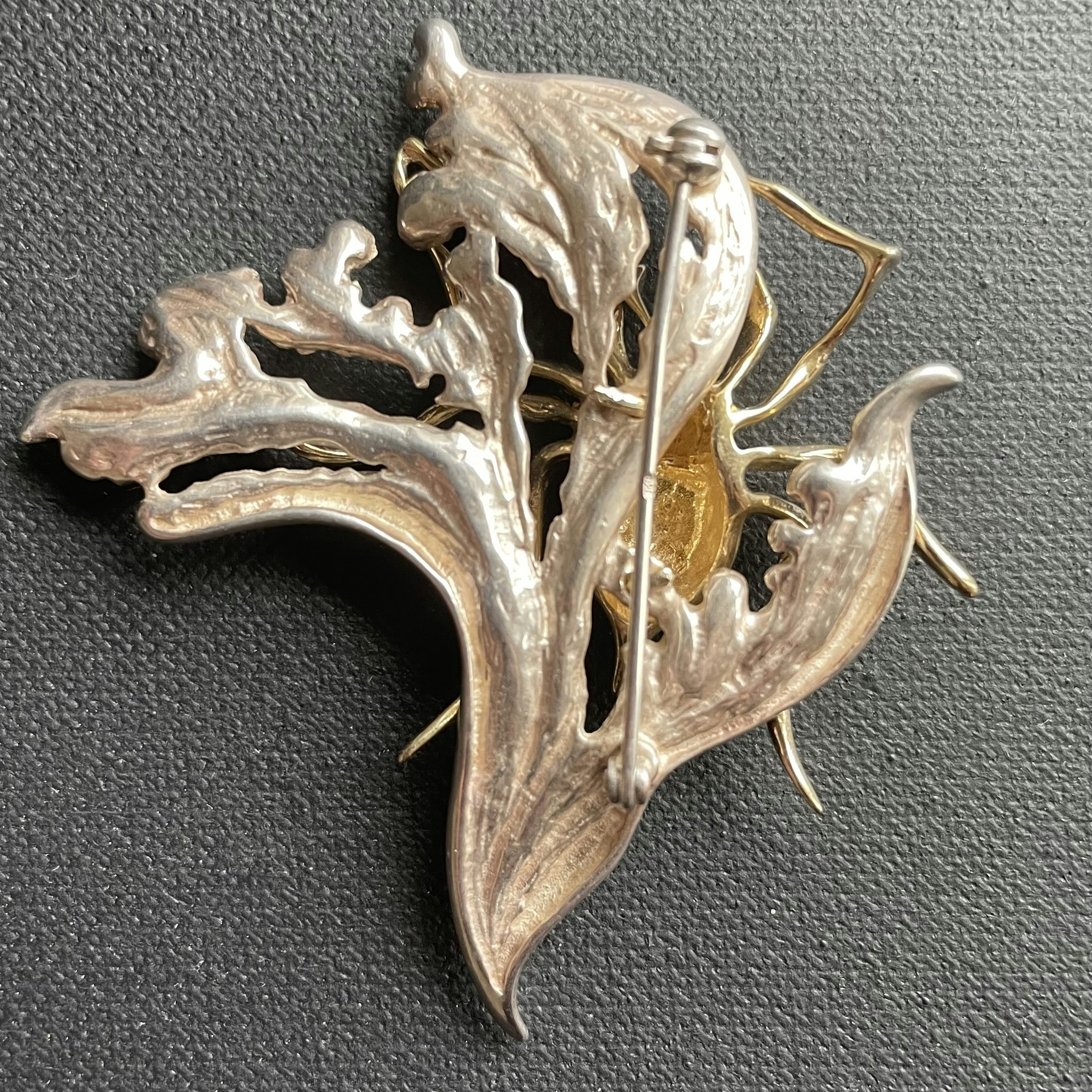 Modernist design Scandinavian design 925 sterling silver spider on a leaf brooch #1862