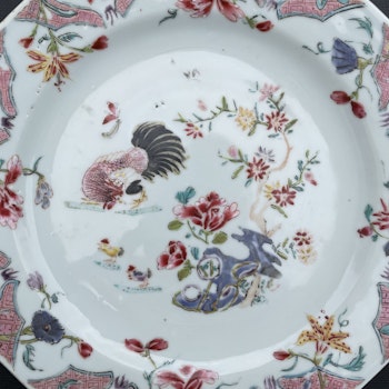 Chinese Antique famille rose plate with cockerel, 18th c #2095