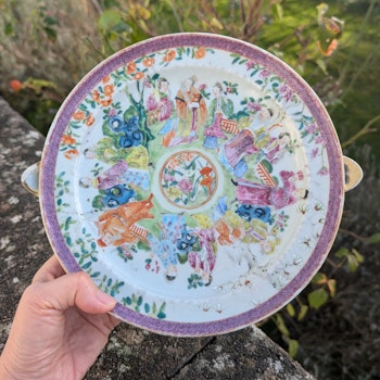 Chinese antique rose mandarin warming plate, 19th century 十二花神 #2182