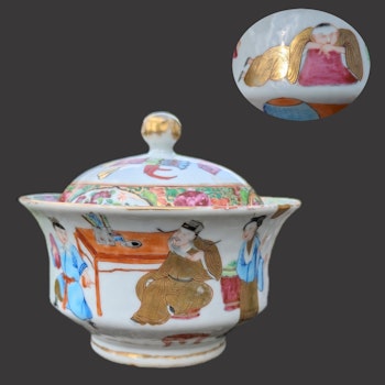 Chinese Antique Rose Mandarin lidded bowl, 19th c #2599