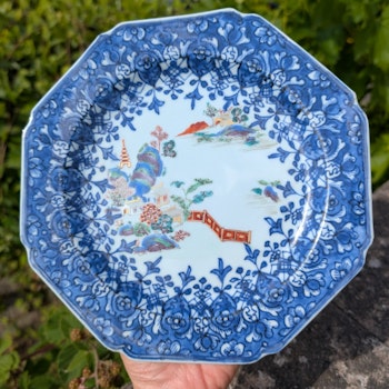 Chinese antique blue and white and famille rose plate, Qianlong, 18th c #2653